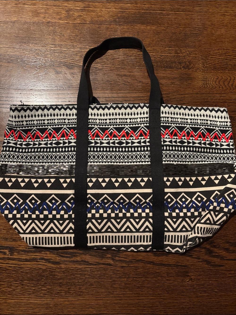 Sam Edelman Black & White Geometric Tote Bag with Red and Blue Accents